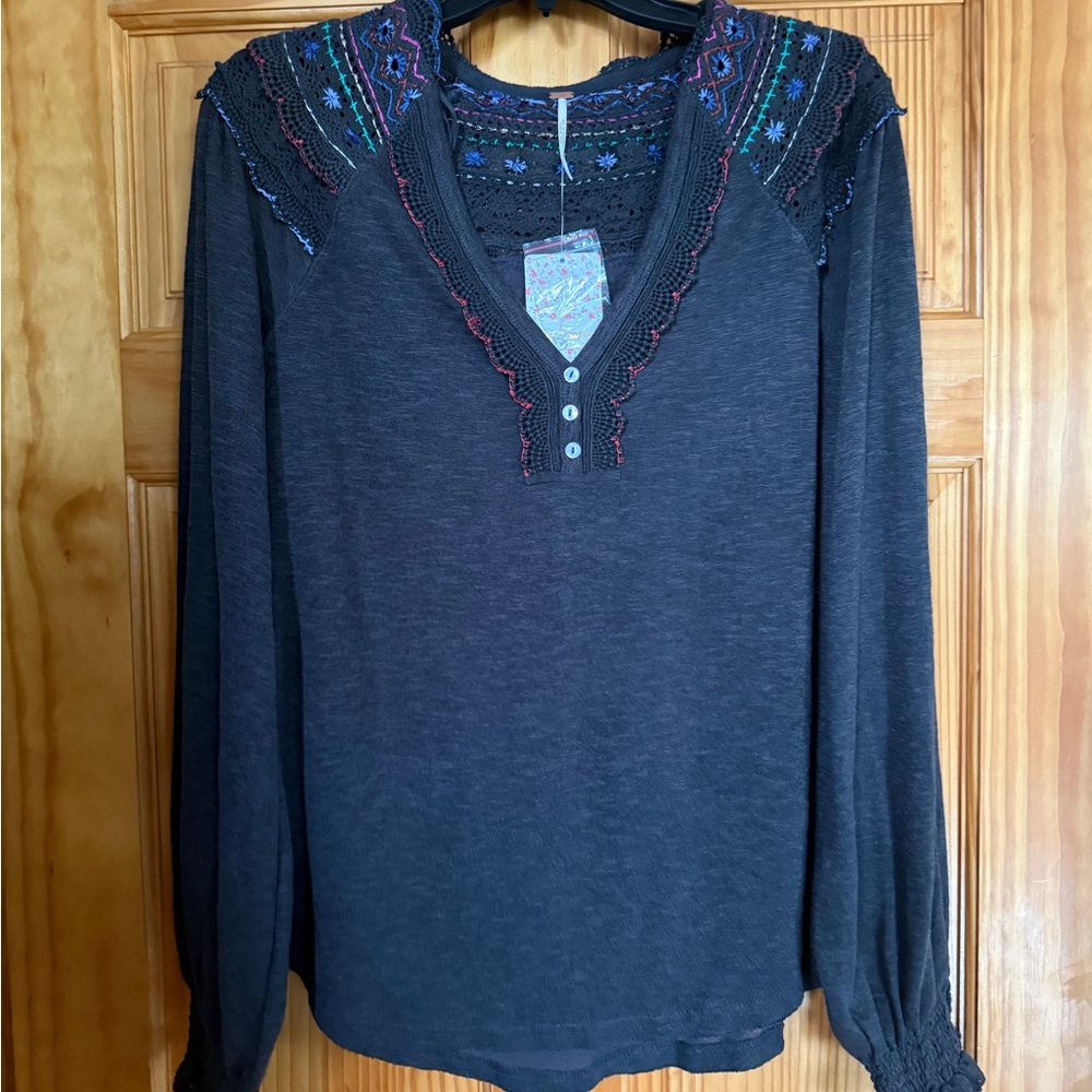 Free People Black Blouse with Colorful Embroidery